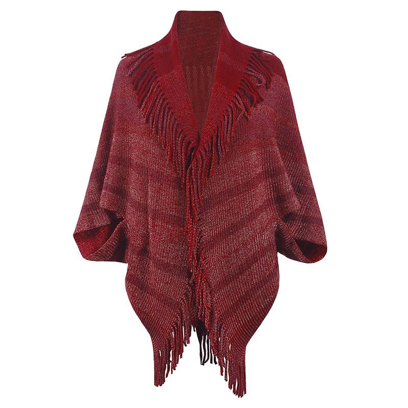 FRINGED CAPE COAT KNITTED STRIPED CAPE WOMAN
