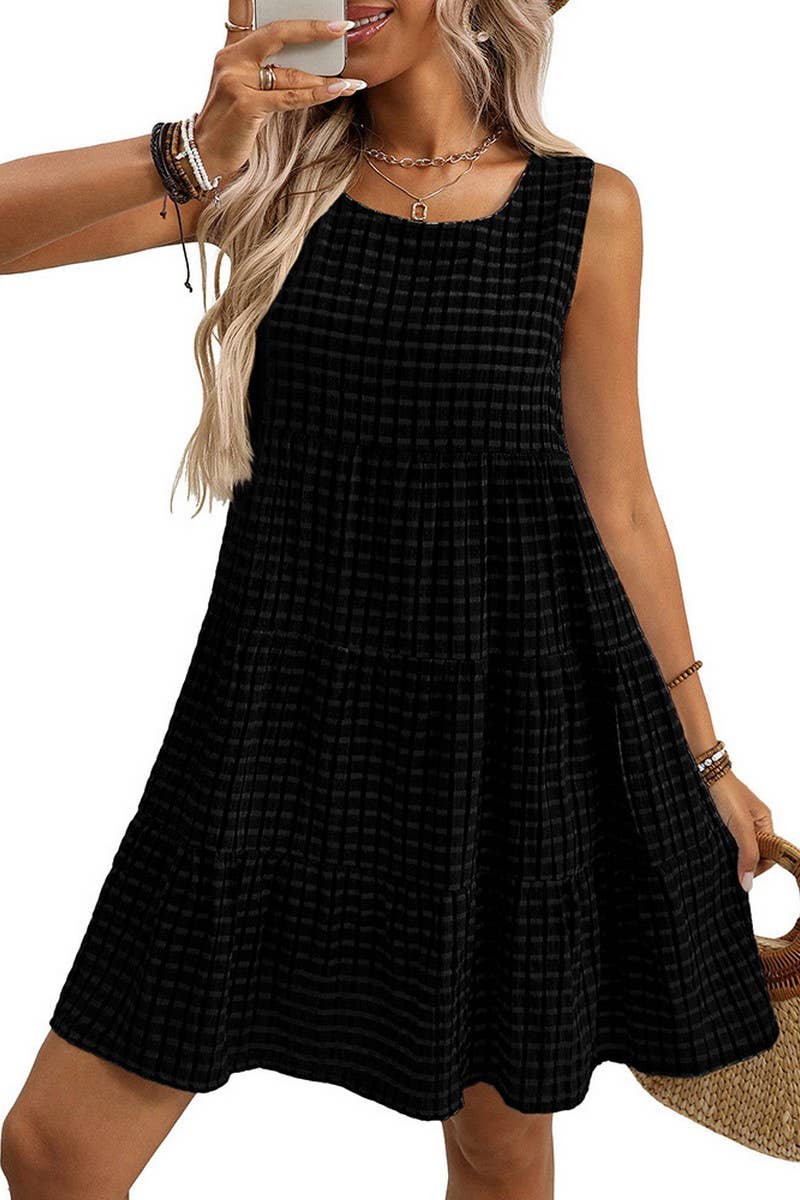 CWDSD8675_SLEEVELESS PLAID LOOSE FIT FLOWY DRESS