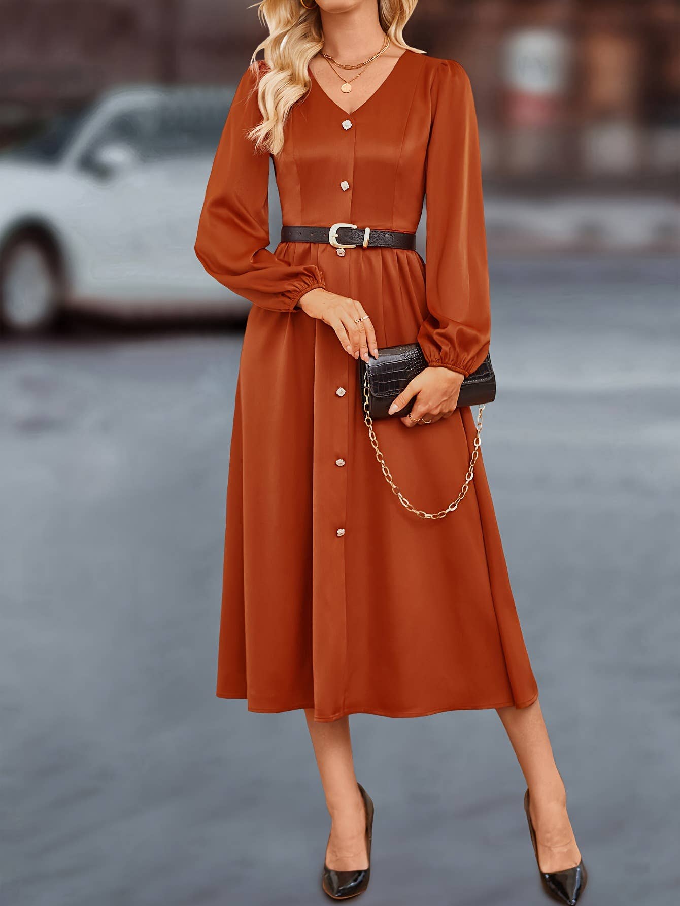 Single breasted solid color satin shirt dress