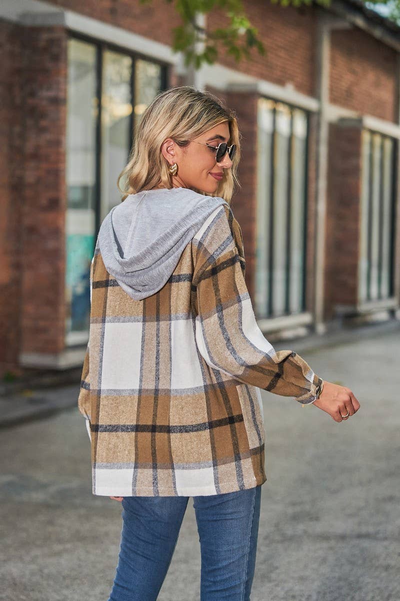 CWOCO1102_CASUAL LOOSE MID-LENGTH PLAID HOODED COAT