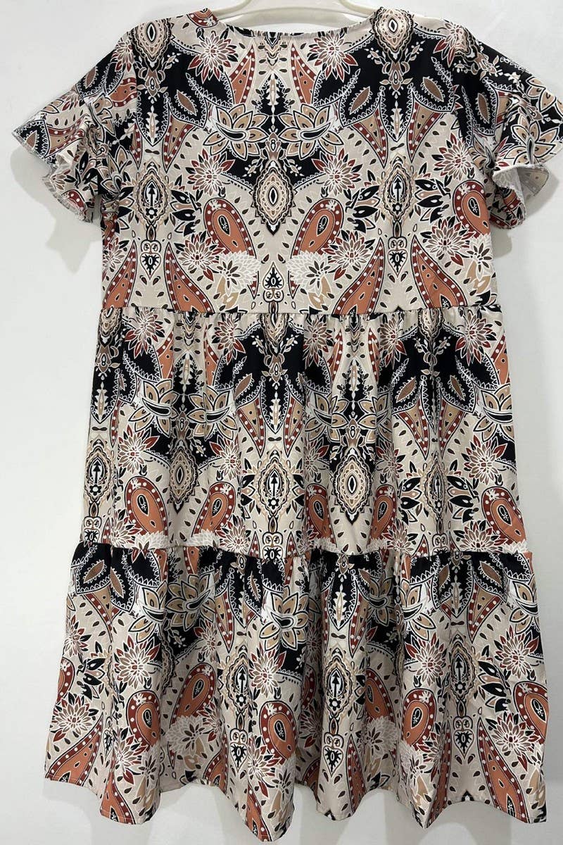 CWDSD10879_V NECK RUFFLE SLEEVE FLORAL TIERED DRESS