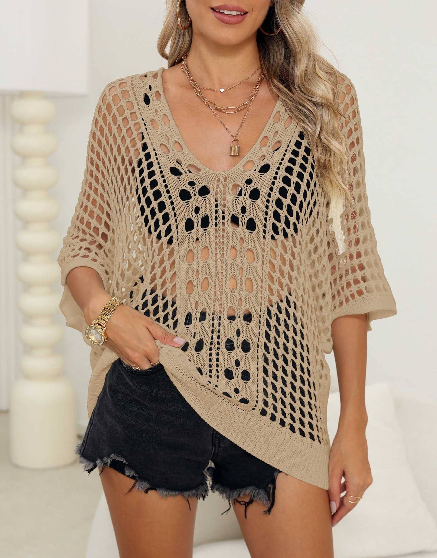 CUT-OUT WOVEN BAT-SLEEVE LOOSE CASUAL TOP