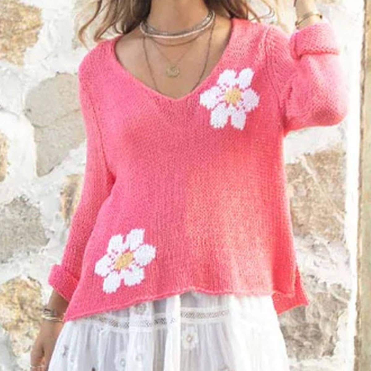 SWEET CASUAL FLORAL V-NECK SOLID COLOR SWEATER