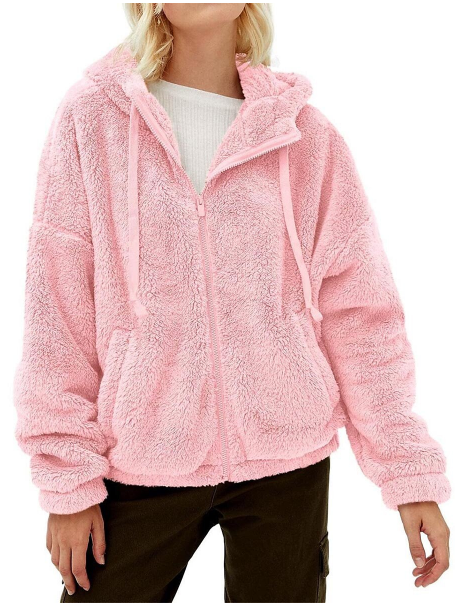 SOLID COLOR CASUAL PLUSH ZIPPER HOODED COAT