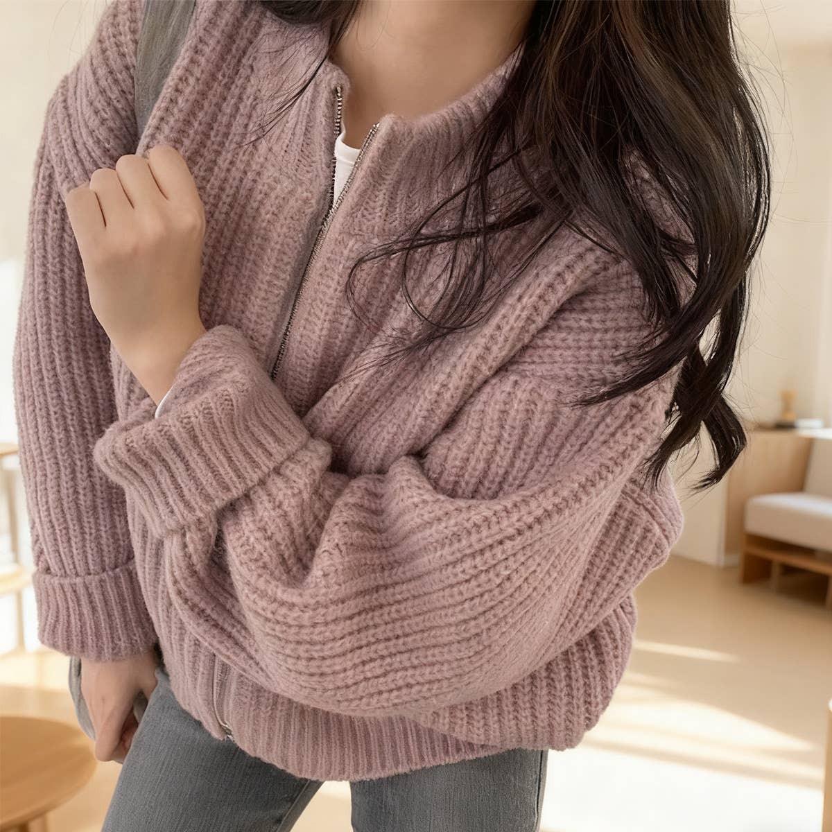 Solid-color zipper thick knitted cardigan