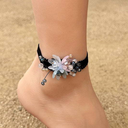 Handmade Crystal Flower Anklet Boho Fabric Design