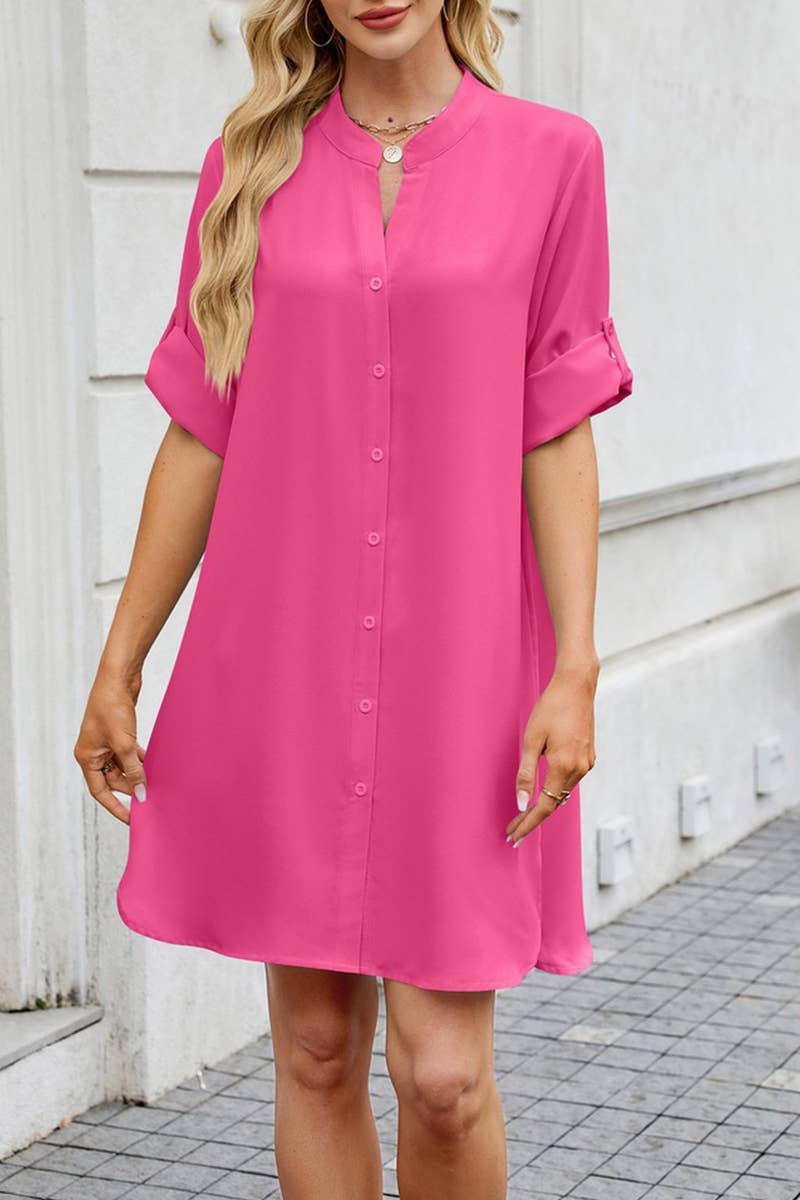 CWDSD7420_SUMMER LOOSE MID SLEEVE BUTTON SHIRT DRESS