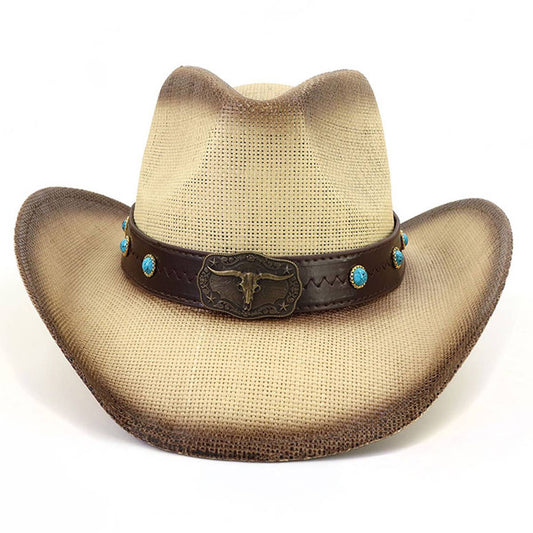 Western Straw Cowboy Hat with Bull Head,Turquoise_CWAH0684