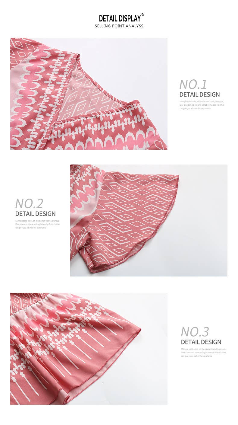 LACE-UP PRINT V-NECK PLEATED DRESS