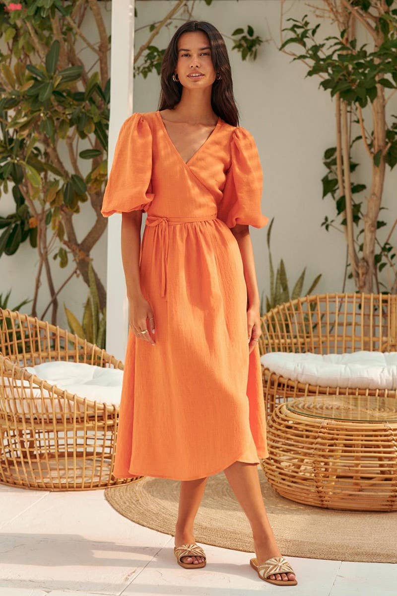 CWDMD5246_COTTON TIE-BACK PUFF SLEEVE MAXI DRESS