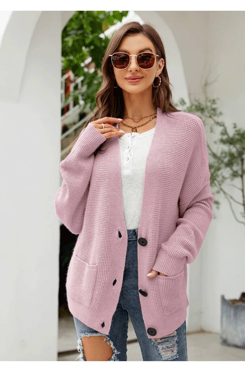 CWOCAL0782_CASUAL SOLID COLOR V-NECK KNITTED CARDIGAN