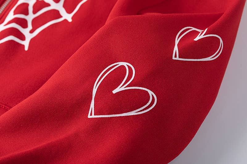 SPIDER WEB HEART ZIPPER FLEECE HOODED CARDIGAN