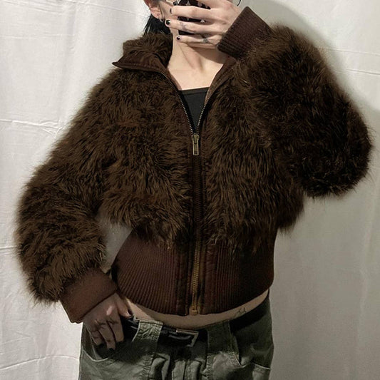 VINTAGE FURRY PATCHWORK STAND-UP COLLAR JACKET