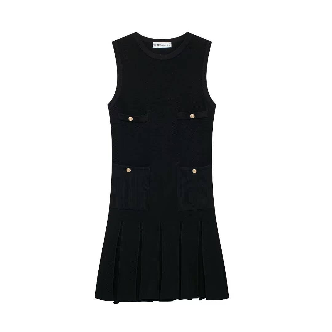 SLEEVELESS WIDE-PLEATED KNIT MINI DRESS