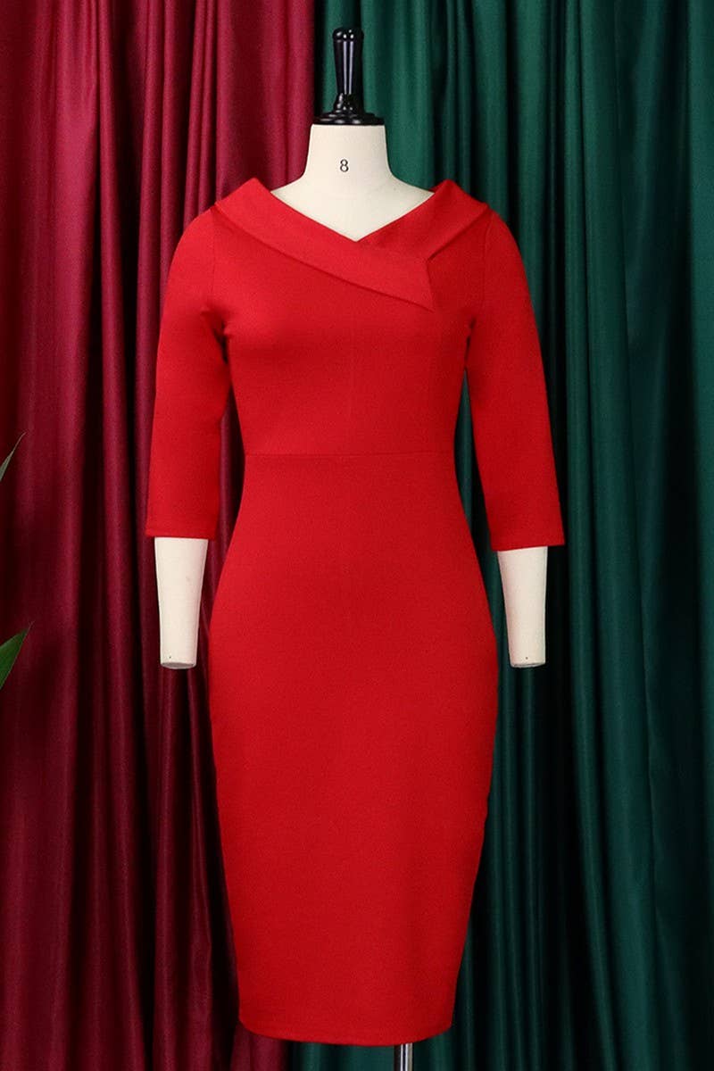 CWDSD3595_PLUS SIZE V-NECK WAIST MIDI DRESS