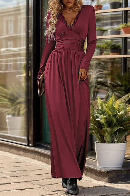 CWDMD3054_SOLID COLOR V-NECK SLIT SLIM LONG SLEEVE DRESS