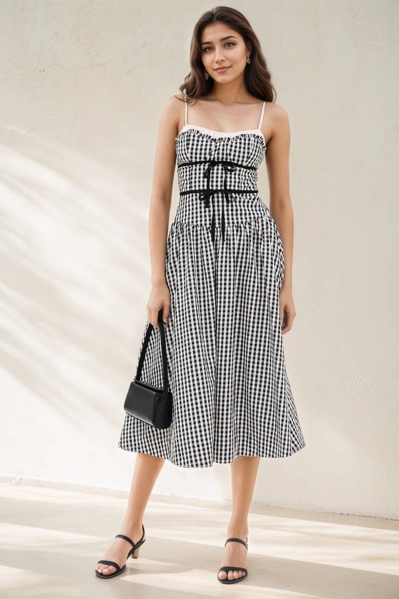 CWDMD6409_PLAID STRAPLESS RUCHED WAIST A-LINE DRESS