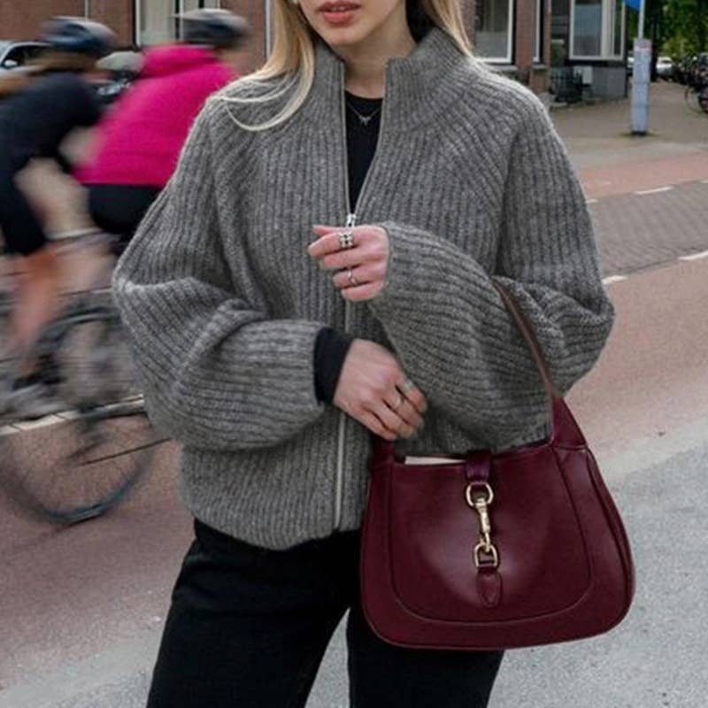 SOLID COLOR LAPEL DOUBLE ZIP LAPEL SWEATER COAT