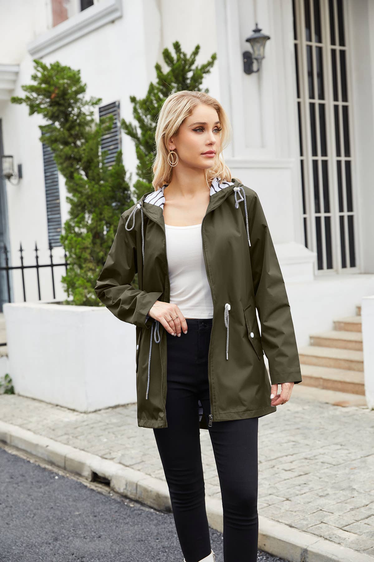 Waterproof hooded striped trench coat