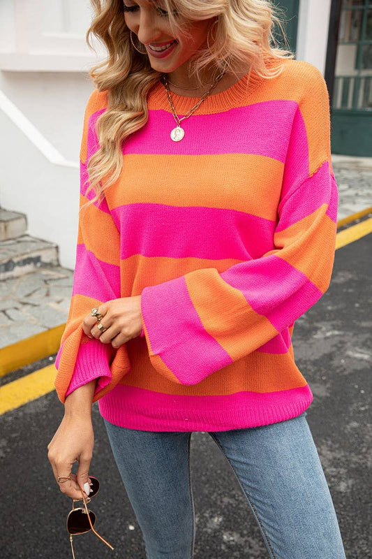 Cwoswl3148_Striped Contrast Crew Neck Knitted Loose Sweater