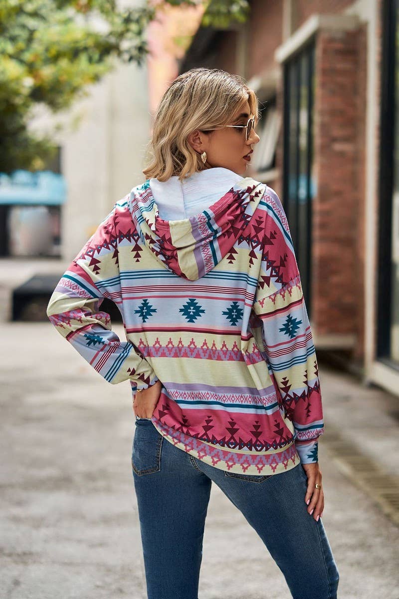 WOMEN AZTEC PRINTING DRAWSTRING WESTERN HOODIE_CWOHOL0177