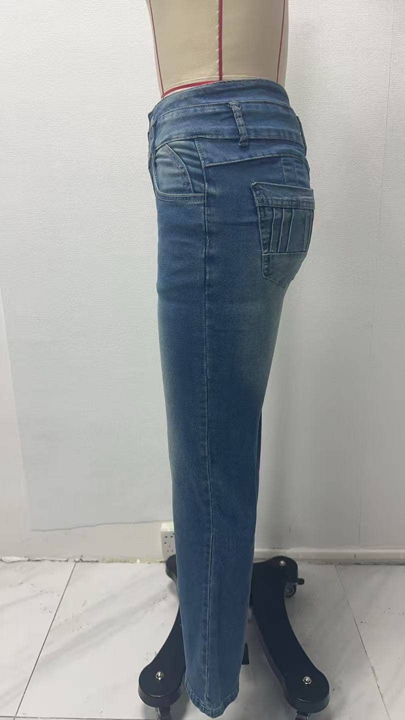 Three-button high-waisted flared stretch jeans