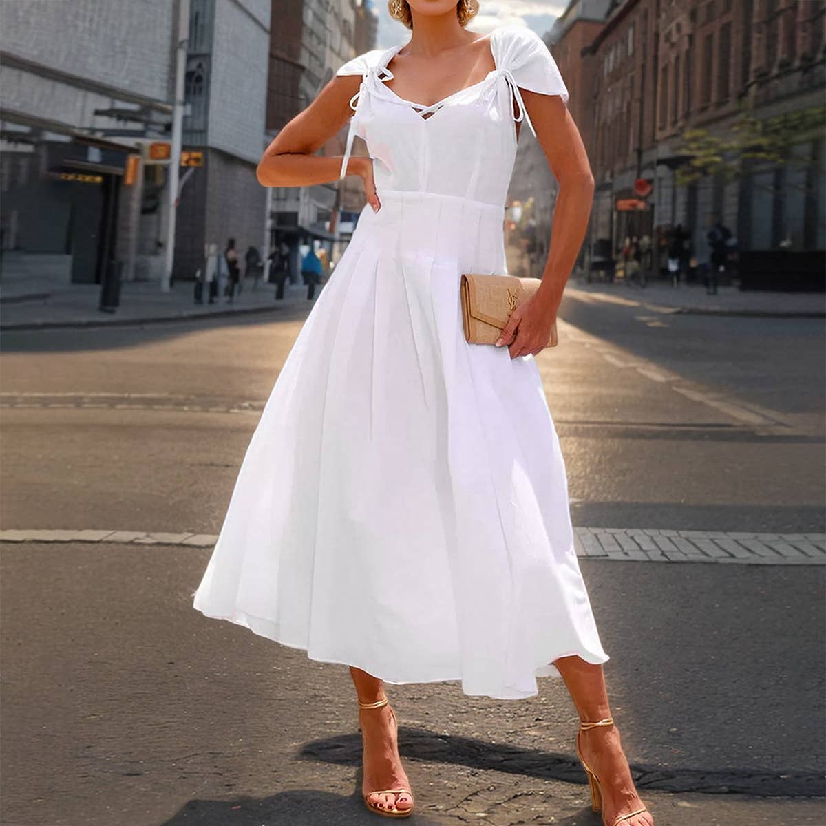 Elegant V-neck Tie Waist A-line Maxi Dress