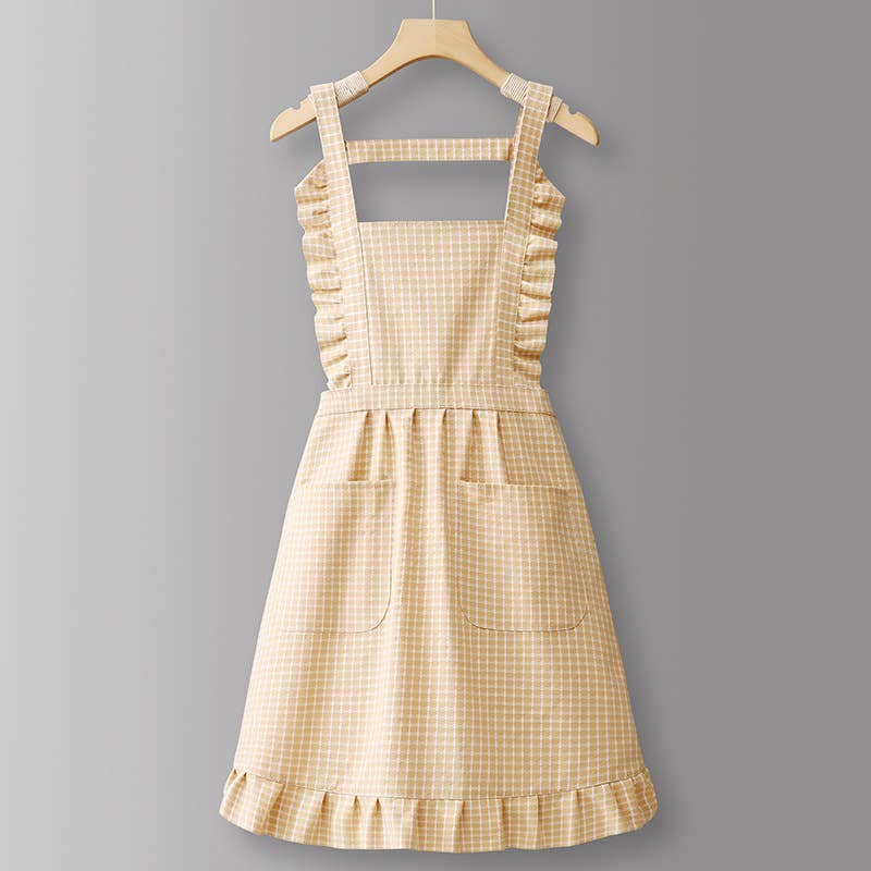 Cotton Striped Grid Kitchen Apron with Pocket