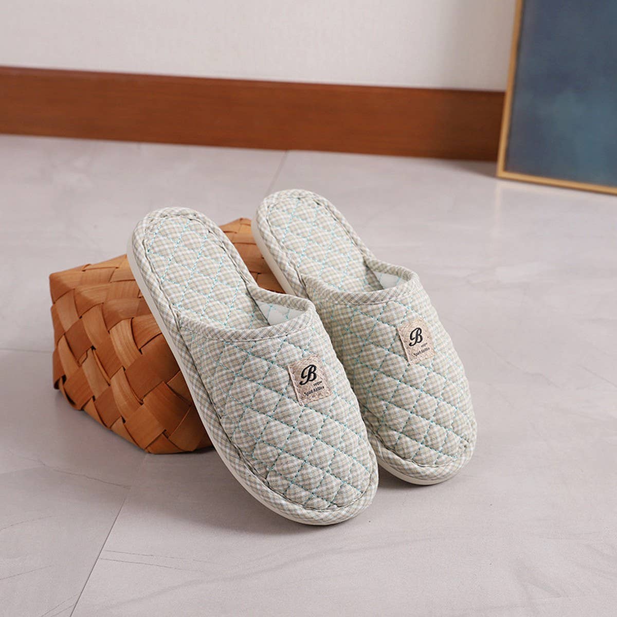 Plaid Cotton Closed-Toe Slippers with Rubber Sole_CWSHF0201