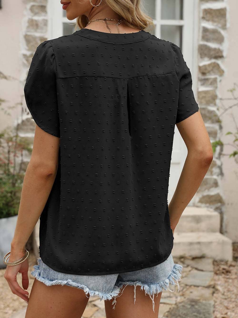 V-NECK JACQUARD SHORT SLEEVE SHIRT BLOUSE