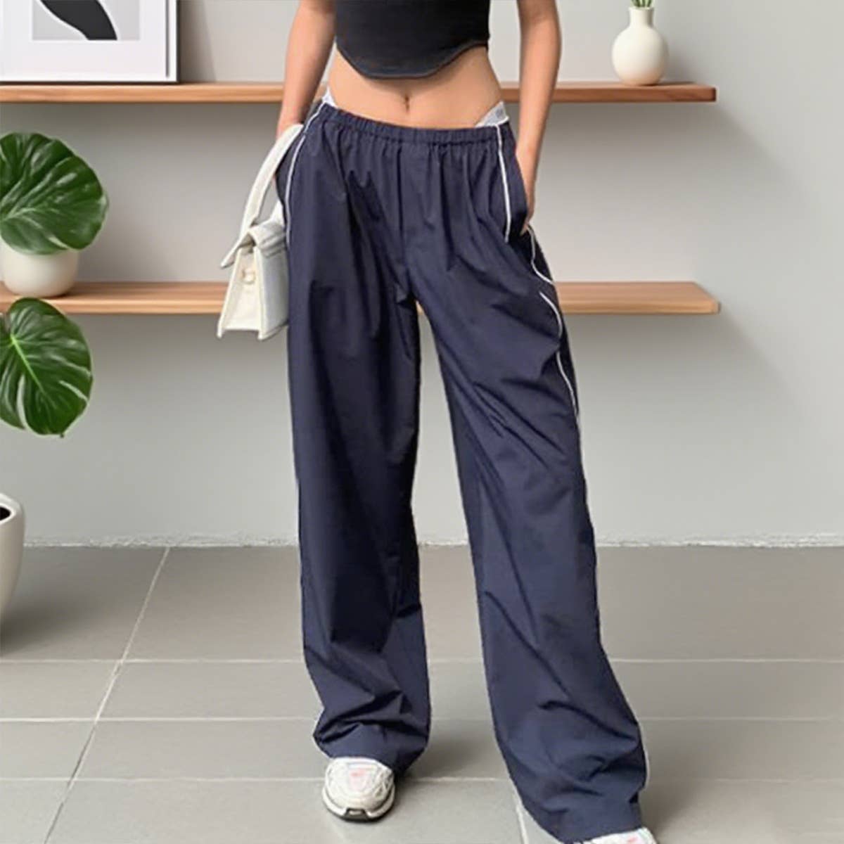 Side-drawstring casual elastic waist long pants