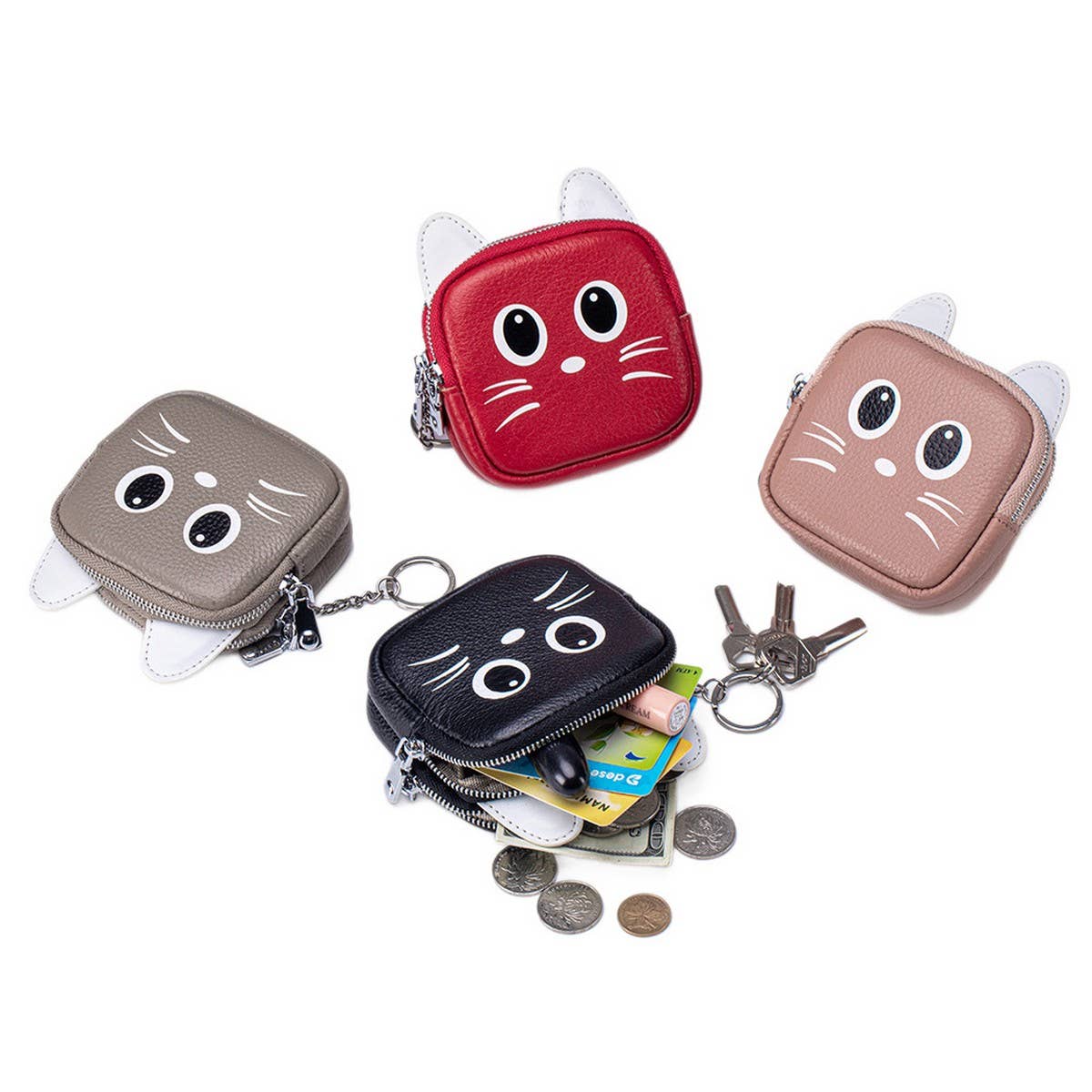 Cute Cat Leather Wallet ? Double Zipper Pouch_CUAB00383