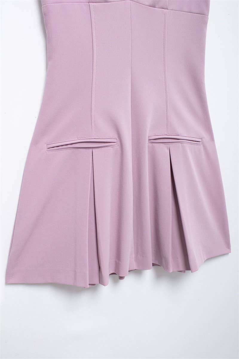 CWDSD6658_WIDE PLEATED V NECK SHORT ZIP-UP DRESS