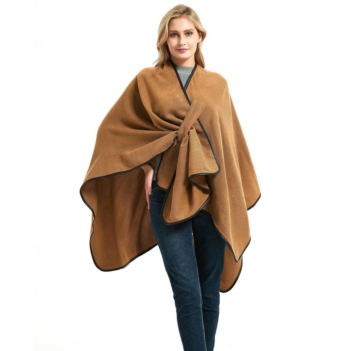 BUCKLE LEATHER SOLID CAMEL COLOR SPLIT SHAWL_CWASC1210