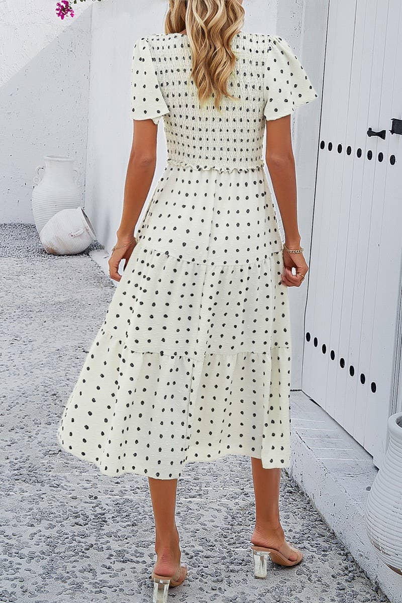 LEISURE PURE COLOR V NECK SHORT SLEEVE DRESS_CWDSD2810