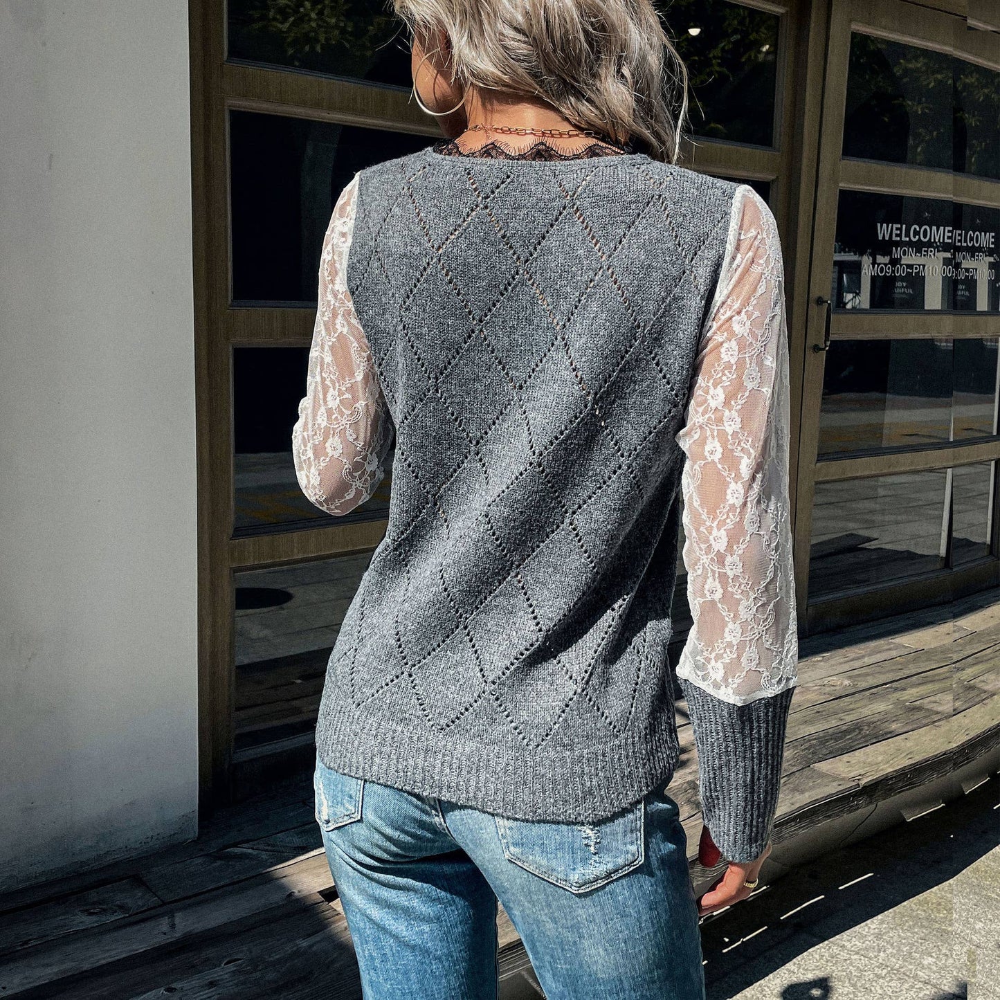 LONG SLEEVE LACE PATCHWORK FASHION BASE KNITWEAR