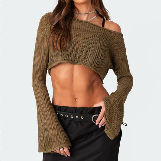 Sexy crop top short one-neck knitted sweater