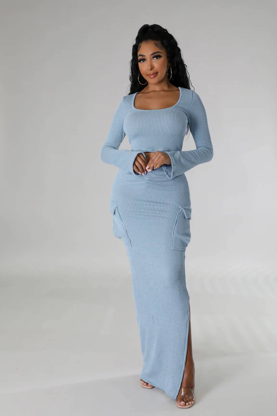 U-NECK TIGHT TOP LONG SKIRT TWO-PIECE SET