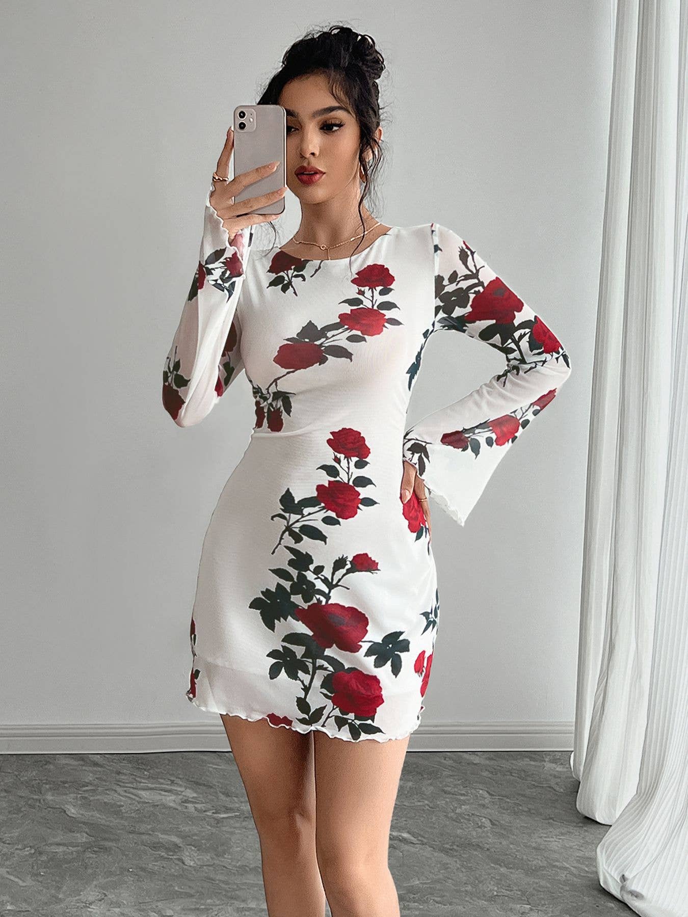 Sexy floral backless tulle flared sleeve dress