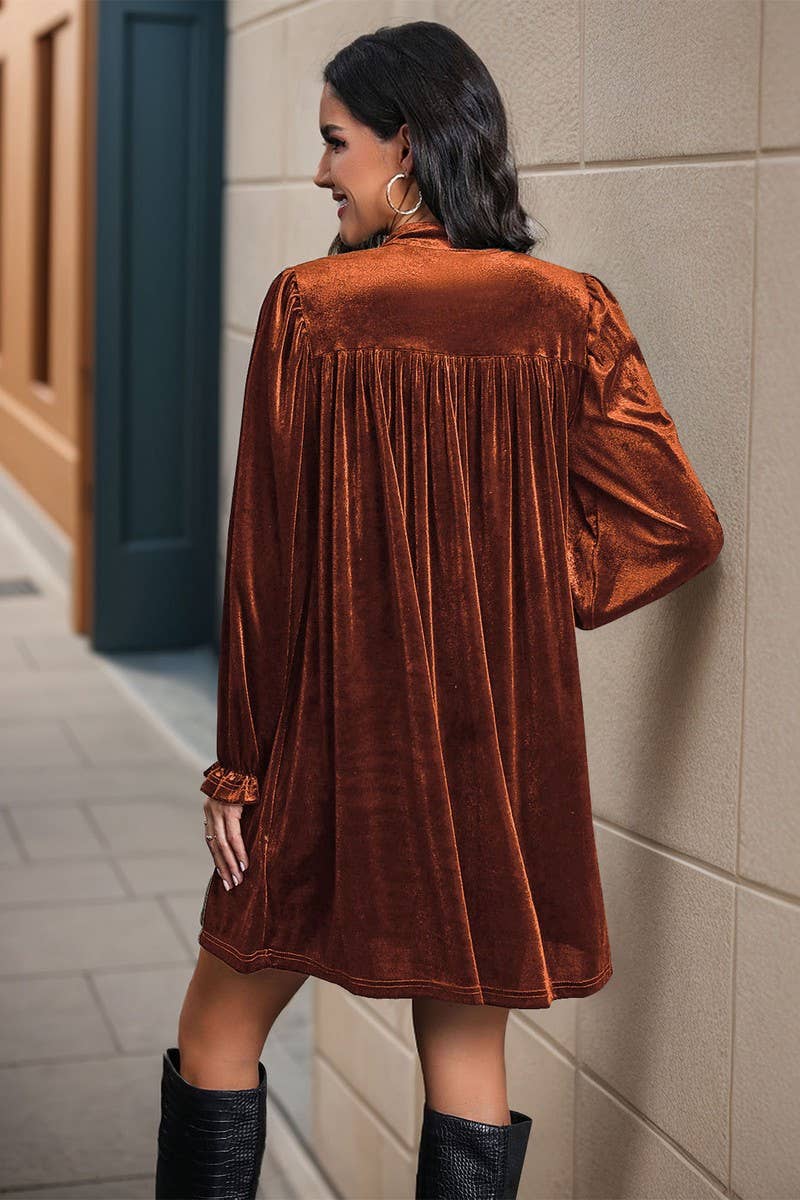 CWDSD6217_V-NECK LONG-SLEEVED GOLD VELVET DRESS