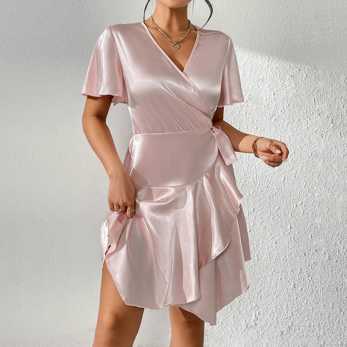 Satin V-neck solid color mid-length dress