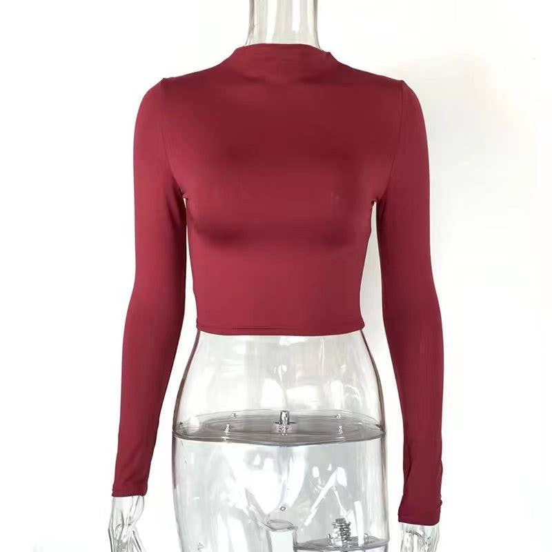SLIM MIDRIFF HIGH-NECK SHORT LONG-SLEEVED TOP