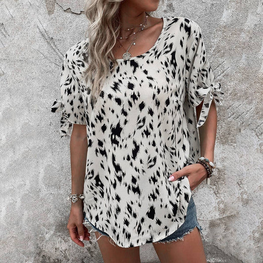 Leopard print blouse with round neck strap