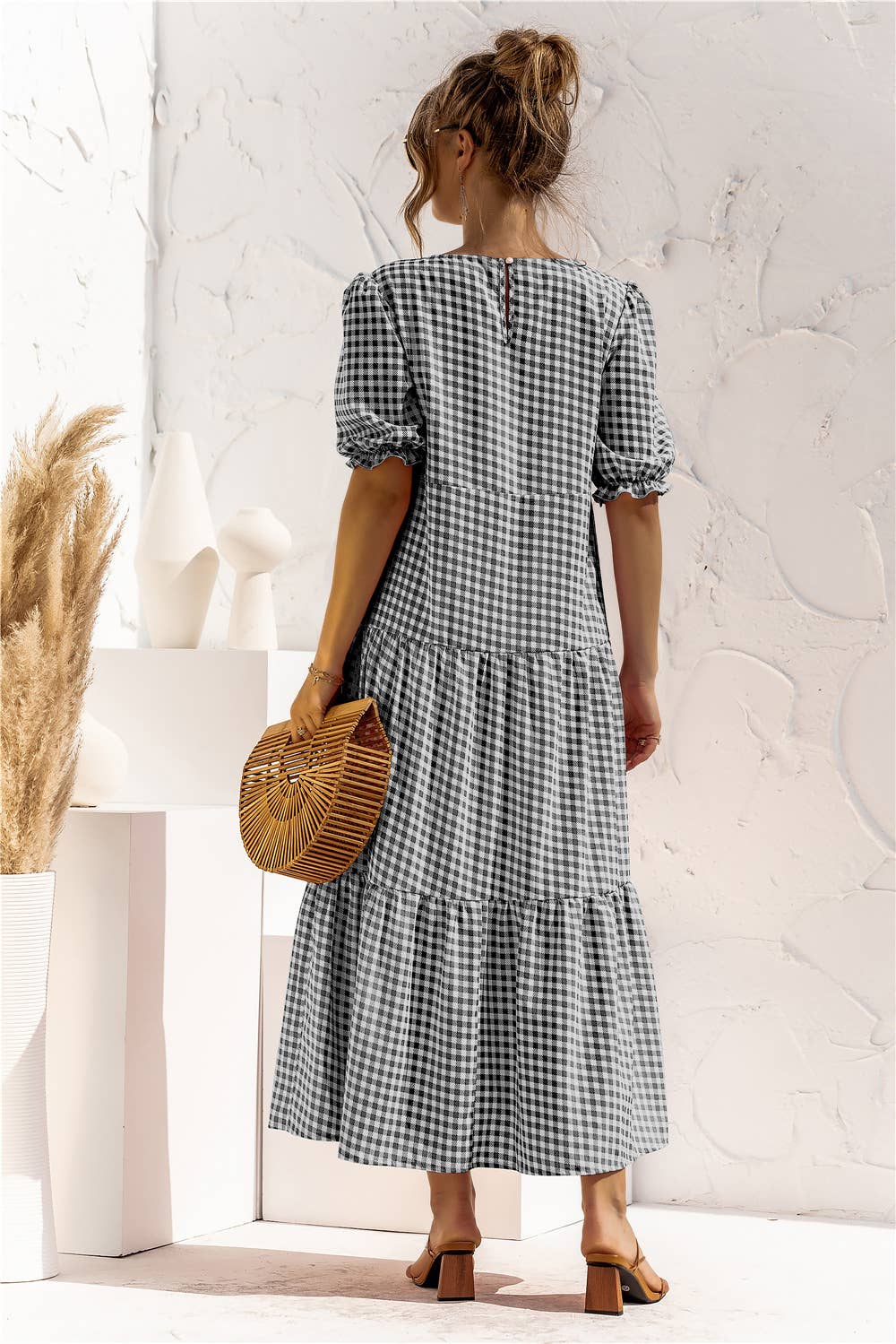 Puffed sleeve polka dot plaid patchwork dress