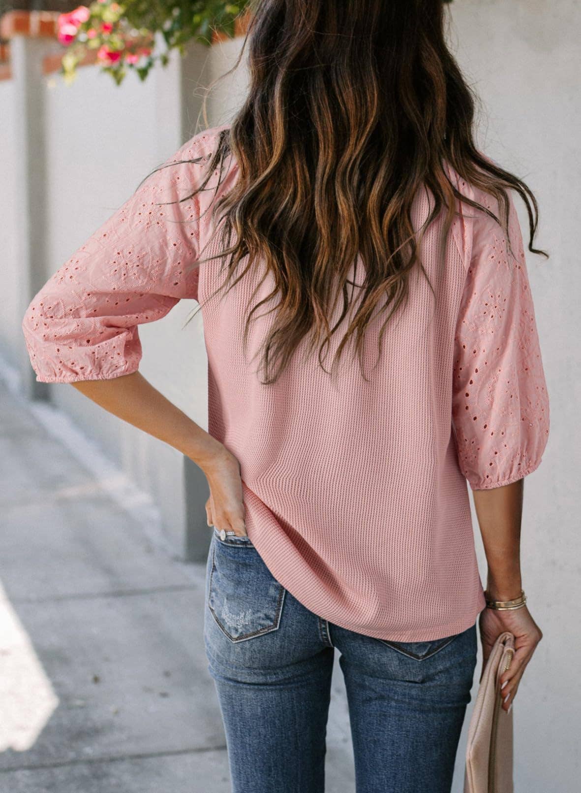 Women¡¯s jacquard waffle V-neck puff sleeve top