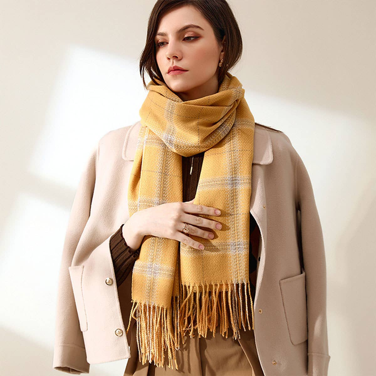 Plaid Faux Cashmere Scarf - Tassel Winter Shawl_CWASC0218