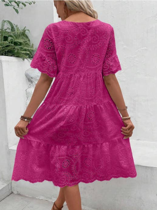 SOLID-COLOR COTTON EMBROIDERED LACE CUTOUT DRESS_CWDSD10724