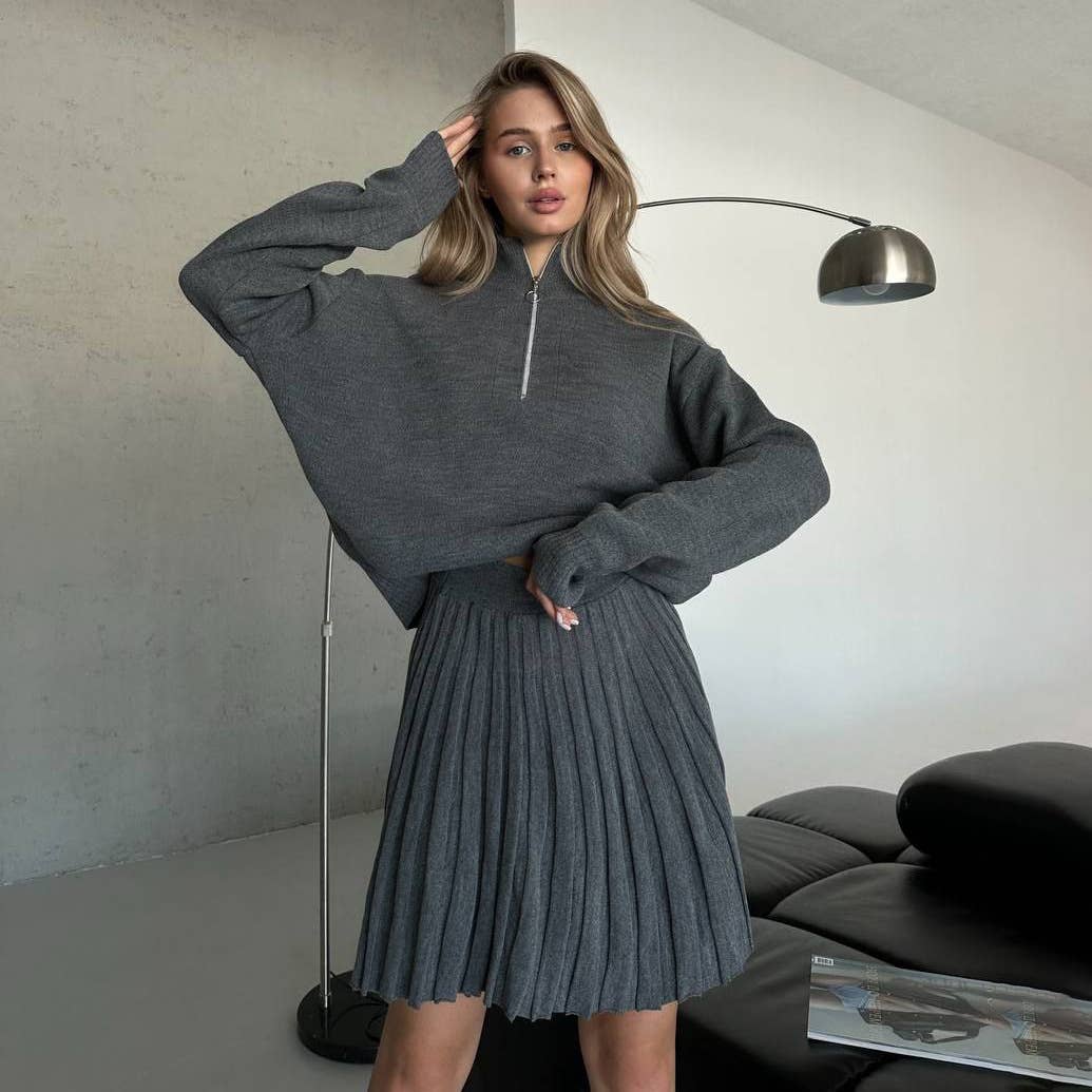 Two-piece knitted sweater and short skirt set