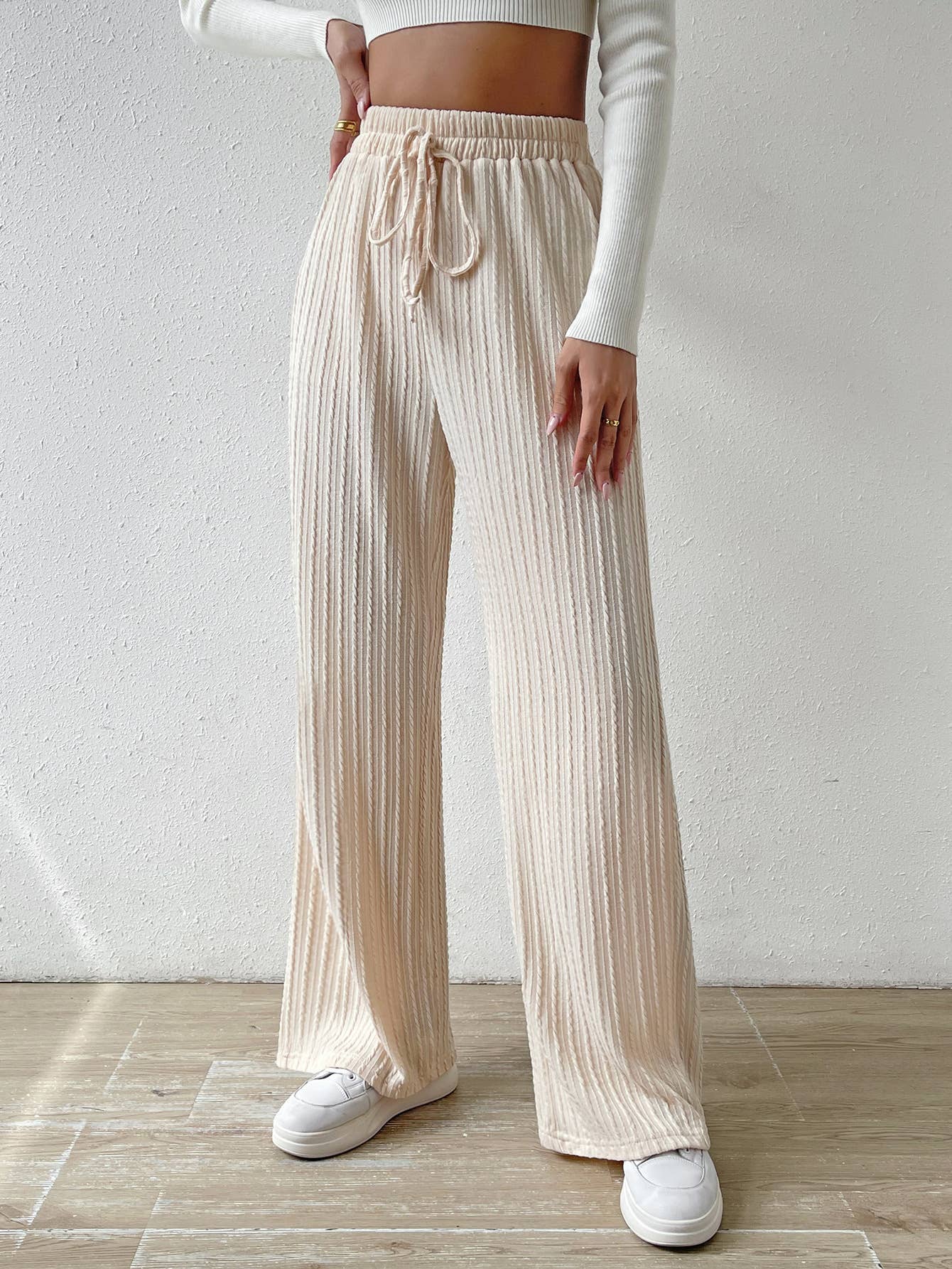 KNIT WIDE LEG STRAIGHT PANTS WITH WAIST TEXTURE