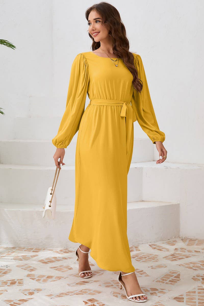 CWDMD4001_ROUND NECK TIE BUBBLE LONG SLEEVE DRESS
